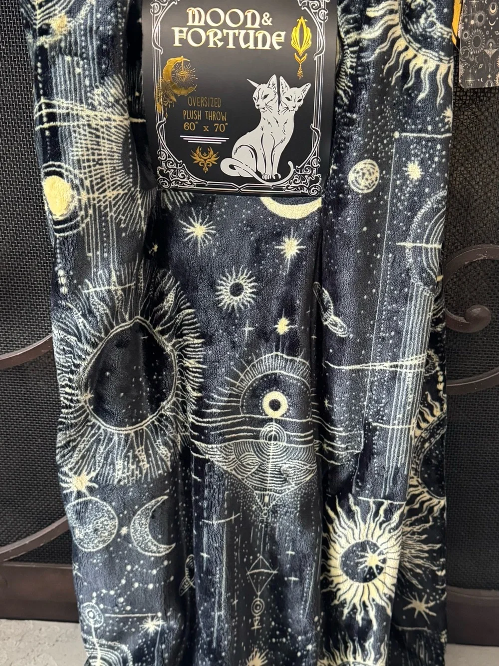 Moon & Fortune Oversized Plush Throw Blanket 60x70 Black Gold Celestial